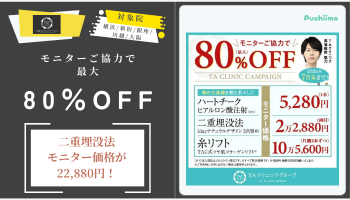 川越TAクリニックアソシエモニターご協力で最大80OFF