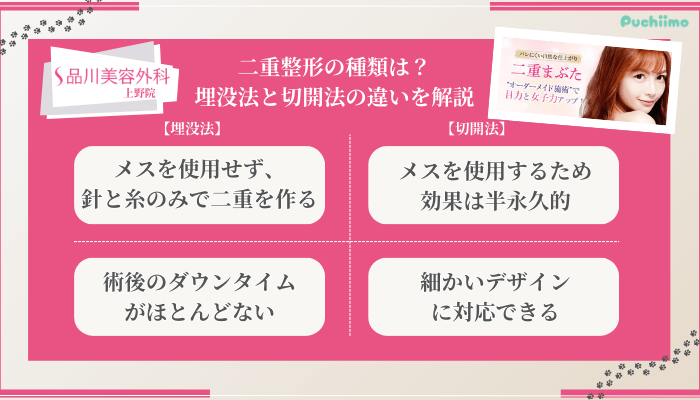 品川美容外科上野二重埋没法と切開法との違い