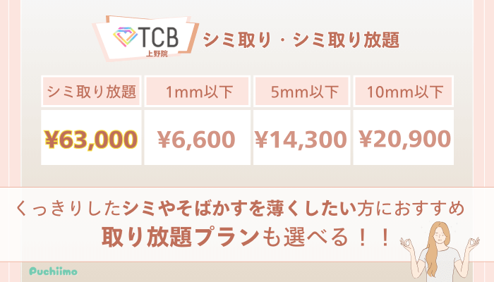 TCB上野ピコレーザーシミ取り・シミ取り放題の料金