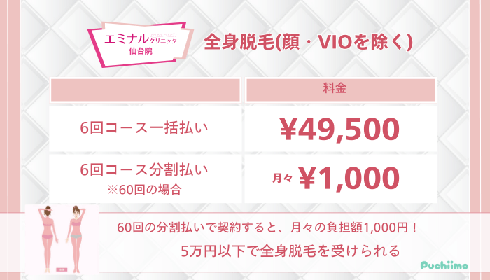エミナルクリニック仙台全身脱毛顔・VIOを除く料金