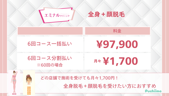 エミナルクリニック全身顔脱毛料金