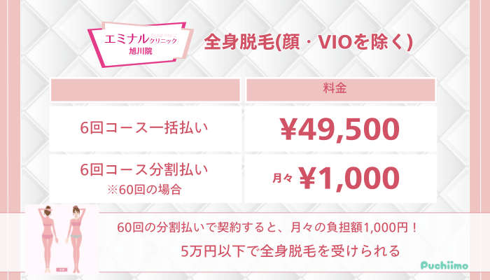 エミナルクリニック旭川全身脱毛顔・VIOを除く料金