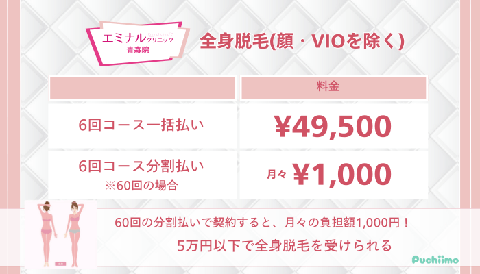 エミナルクリニック青森全身脱毛顔・VIOを除く料金