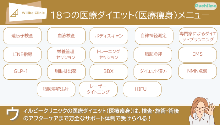 ウィルビークリニックで実施している18つの医療ダイエット医療痩身メニュー