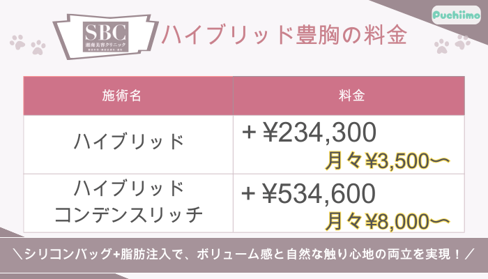 SBCハイブリッド豊胸の料金