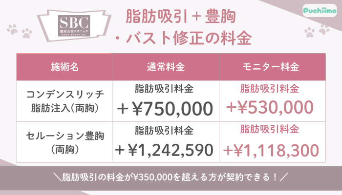SBC脂肪吸引豊胸・バスト修正の料金