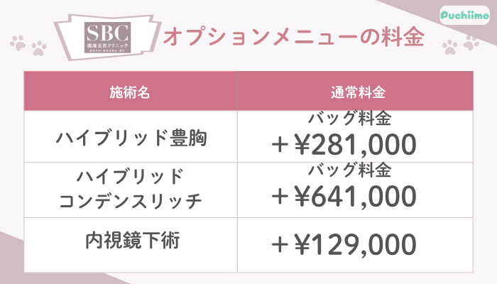 SBC豊胸オプションメニューの料金