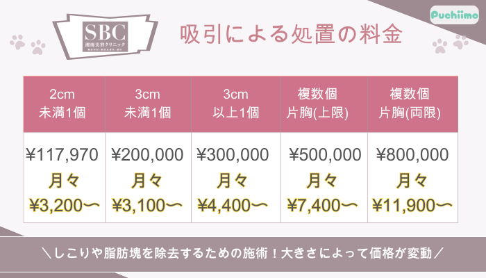 SBC豊胸吸引による処置の料金