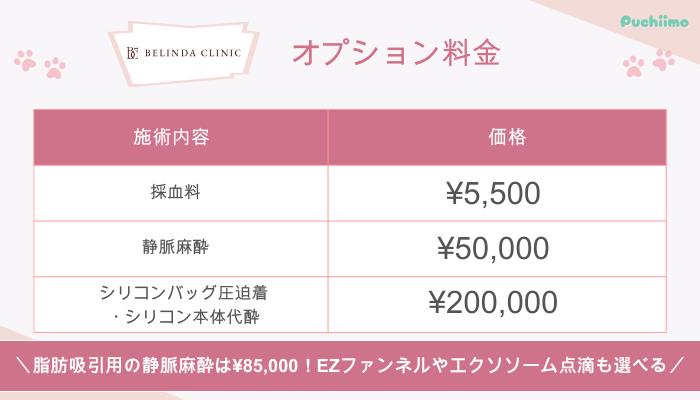 ベリンダクリニック豊胸オプション料金