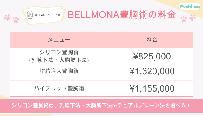 ベルモナクリニックBELLMONA豊胸術料金