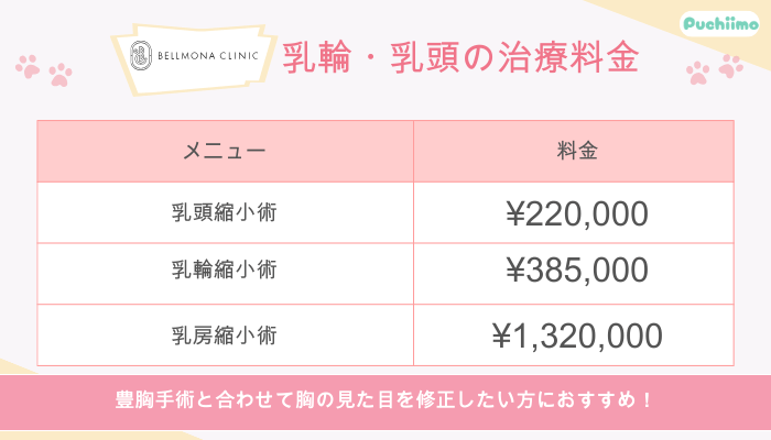 ベルモナクリニック乳輪・乳頭の治療料金