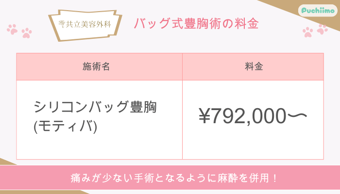 共立美容外科バッグ式豊胸術料金