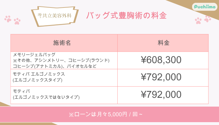 共立美容外科バッグ式豊胸術料金