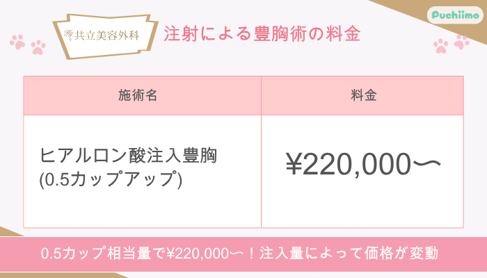 共立美容外科注射による豊胸術料金