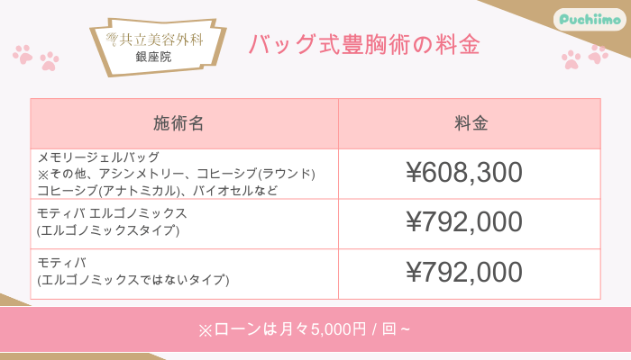 共立美容外科銀座バッグ式豊胸術料金