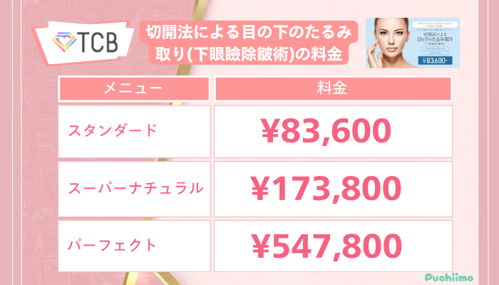 TCBクマ取り切開法による目の下のたるみ取り下眼瞼除皺術の料金