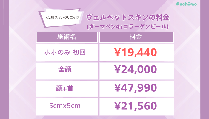 品川スキンクリニックヴェルベットスキンの料金