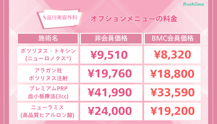 品川美容外科デュオダーマオプションメニューの料金