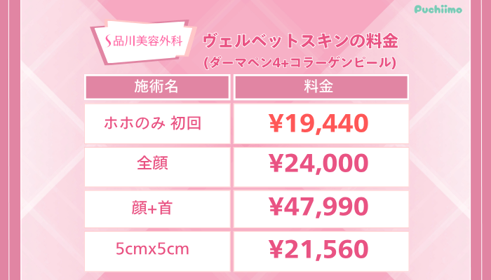 品川美容外科ヴェルベットスキンの料金