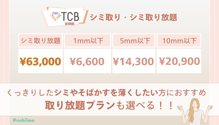 TCB宮崎ピコレーザーシミ取り・シミ取り放題の料金