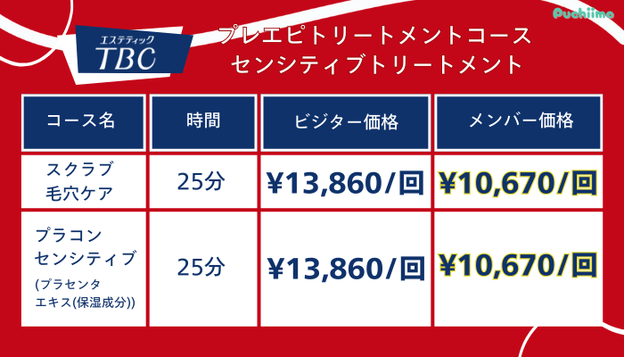 エステティックTBCプレエピトリートメントコースセンシティブトリートメント料金