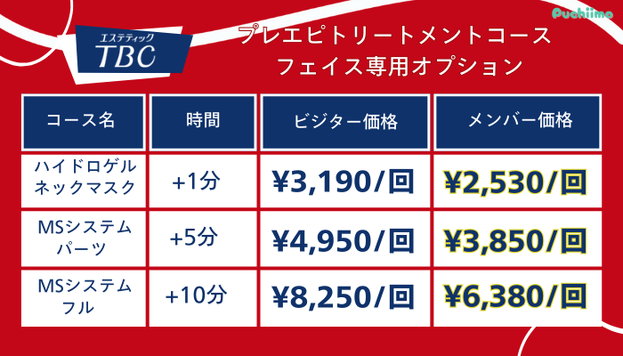 エステティックTBCプレエピトリートメントコースフェイス専用オプション料金