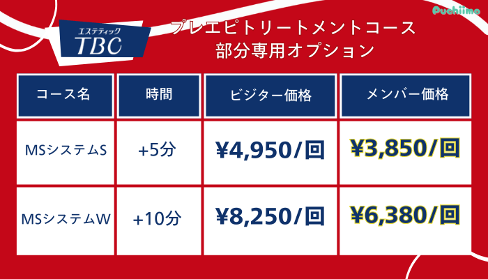 エステティックTBCプレエピトリートメントコース部分専用オプション料金