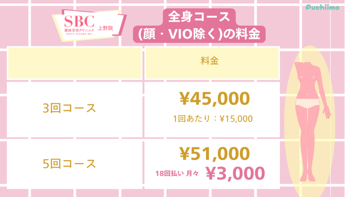 SBC上野医療脱毛全身コース料金