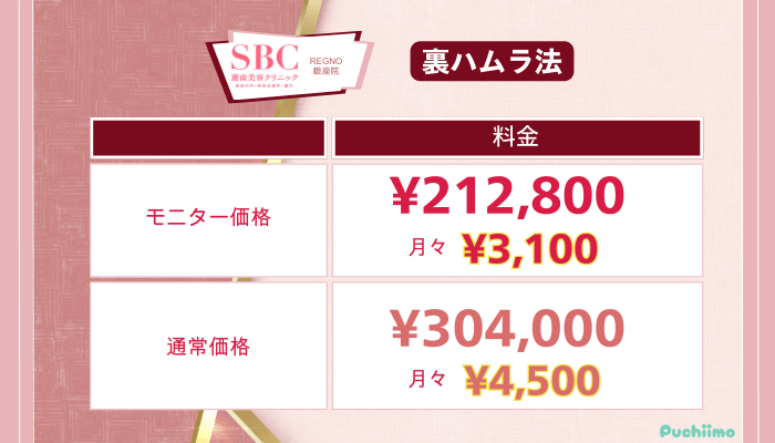 SBCRegno銀座クマ取り裏ハムラ法の料金