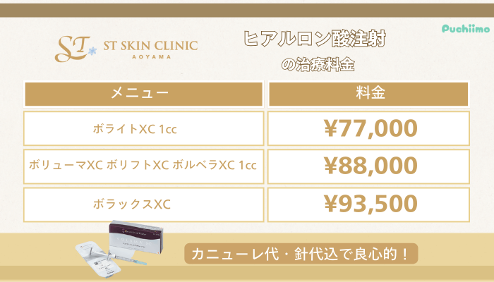 STスキンクリニック青山ヒアルロン酸注射の治療料金