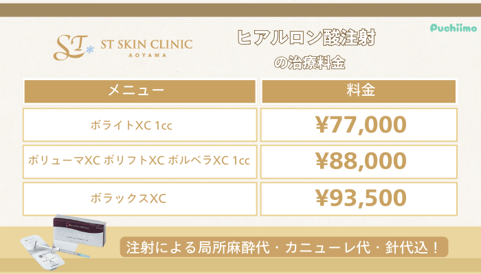 STスキンクリニック青山ヒアルロン酸注射の治療料金