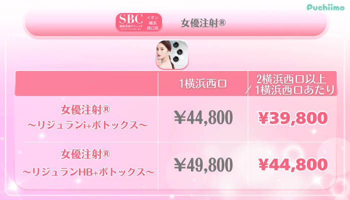 SBCイオン横浜西口美肌治療女優注射®料金
