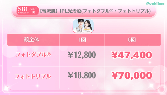 SBC八王子美肌治療【韓流肌】IPL光治療フォトダブル®・フォトトリプル料金