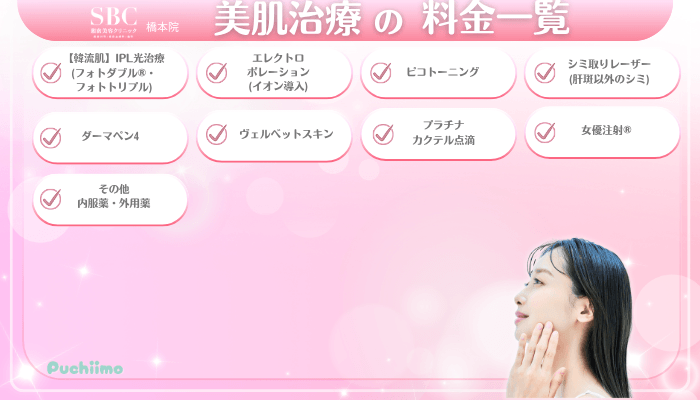 SBC橋本美肌治療料金一覧
