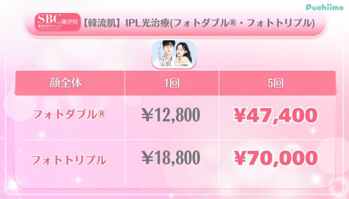 SBC藤沢美肌治療【韓流肌】IPL光治療フォトダブル®・フォトトリプル料金