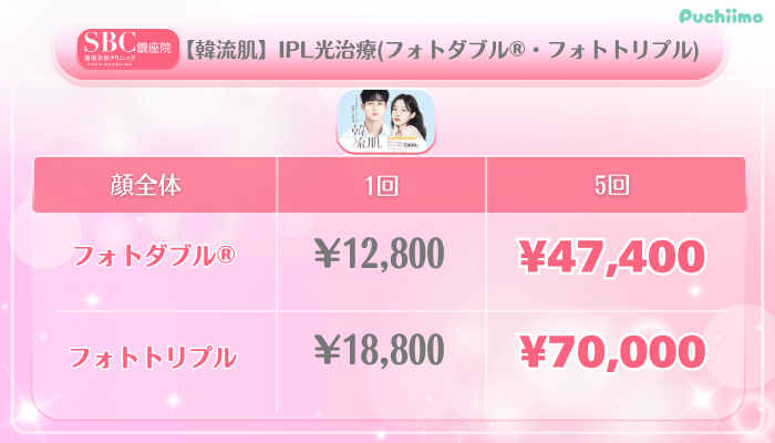 SBC銀座美肌治療【韓流肌】IPL光治療フォトダブル®・フォトトリプル料金