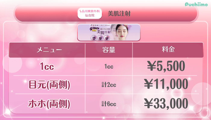 品川美容外科仙台美肌治療美肌注射料金